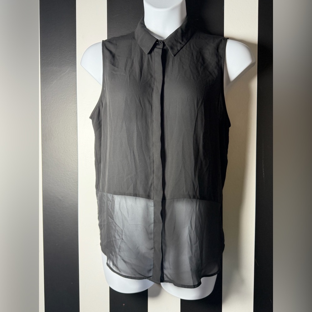 ASOS Black Sleeveless Sheer-Panel Collared Blouse with Hidden Buttons - SZ 12